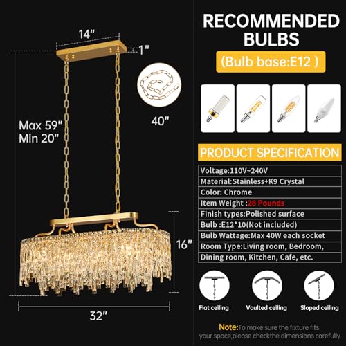 Image of 32 inch 10 Light Modern Oval Gold Crystal Chandeliers for Dining Room
