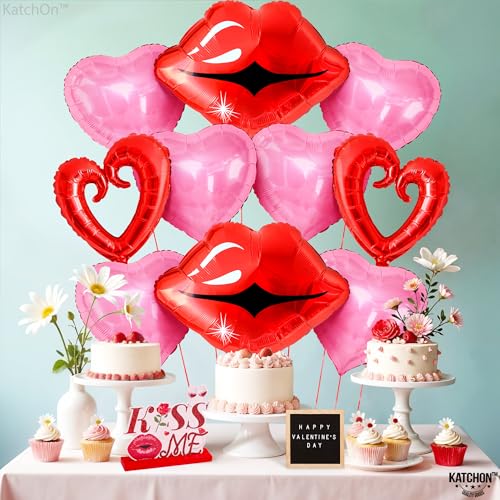 KatchOn, Red and Pink Heart Shaped Balloons Pack of 10 | 22 Inch, Lips Balloons and Heart Balloons,
