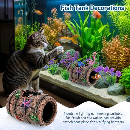 Binswloo Fish Tank Decorations, Betta Fish Tank Accessories Aquarium Ornaments, Broken Barrel Cave Decor, Starfish Barrel x 1, Fish Tank Plants x 4 - Image 3