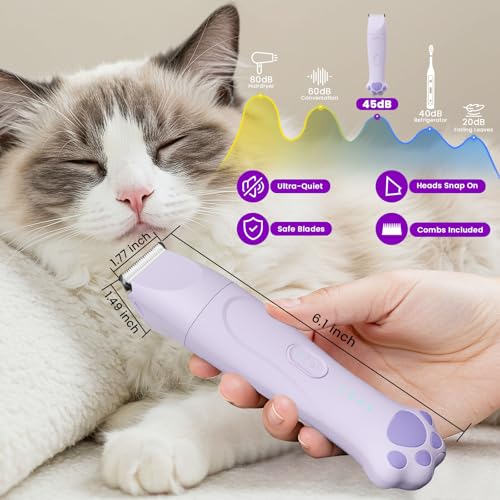 Veeconn Dog Paw Trimmer - 4-in-1 Dog Clippers Grooming Kit with Low Noise & IPX7 Waterproof Design Includes Comb Paw Trimmer Nail Grinder - Rechargeable & Cordless Pet-Friendly Clipper (Purple)