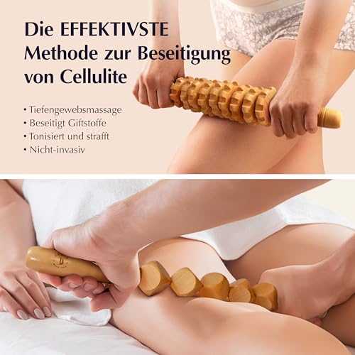 JARIS – Maderotherapie Set 5-teilig – Holz Massagegeräte gegen Cellulite – Wood Therapy Massage Tools für Bauch Beine Po – Professionelles Maderotherapie Kit mit Anleitung QR Ecofriendly