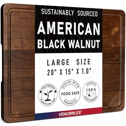 20"x15" Black Walnut Cutting Board for Kitchen with Juice Groove & Handles