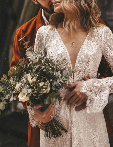 V Neck Court Train Long Sleeve Wedding Dresses A-Line Boho Open Back Bridal Gown Reception Dresses Appliques 20244