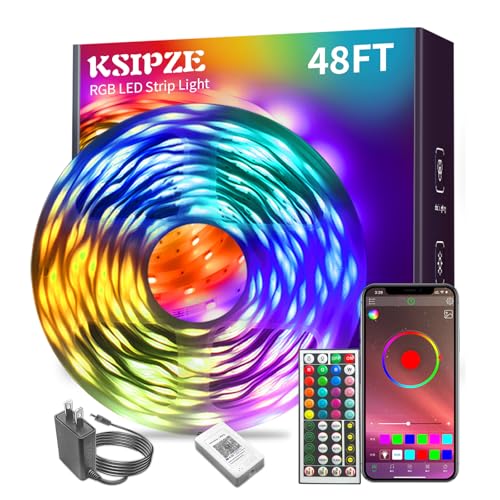 Image of KSIPZE Led Lights for Bedroom 48ft Led Strip Lights with Remote RGB Color Changing Music Sync Bluetooth Smart App Control for Room Bedroom Lighting Flexible Home Decor