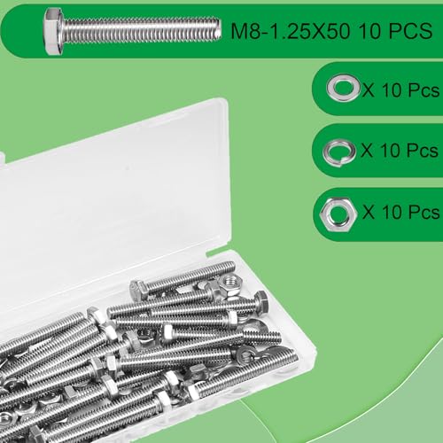 Image of M8x50mm Hex Bolt with Hexagon Nut, Flat Washers, Spring Washers | M8-1.25 Hex Bolts Stainless Steel 304 Fully Threaded Hex Tap Metric Hexagon Head Screw Right Hand External Hex Drive