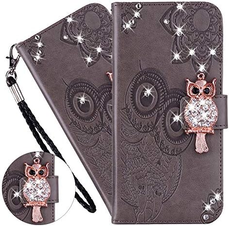 QIVSTAR Case Compatible with iPhone 14 Bling Diamand PU Leather Wallet Phone Case with Wsrist String Full Body Protective Flip Ultra Case for iPhone 14 6.1 inch Owl Gray YK