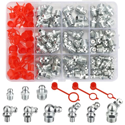 Nadinsta 100 Stück Schmiernippel Sortiment Metrisch für Fettpresse Schmiernippel Set M6 M8 M10 Gerade und Abgewinkelt 45 90  Abschmiernippel Kegelnippel Kit Kegelschmiernippel für Schmierpressen
