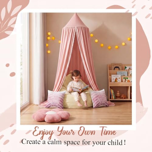 Image of 5 Pcs Reading Nook Set for Kids, Kids Reading Corner Decor with Bean Bag Chair Cover & Throw Pillow Cover(No Filler) Canopy and Flower Pillow for Bedroom Playroom Nursery(Pink)