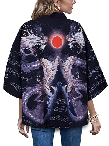 Image of LAI MENG FIVE CATS Women's Floral Print Loose Blouse Japanese Kimono Tops | Puff Sleeve,Cover up Top,Casual Cute Tops,Summer Cardigans 2026