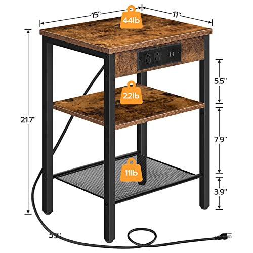 Hoobro End Table With Charging Station And Usb Ports, 3-Tier Nightstand With Adjustable Shelf, Narrow Side Table For Small Space In Living Room, Bedroom And Balcony, Rustic Brown Bf112Bz01 #TOP2