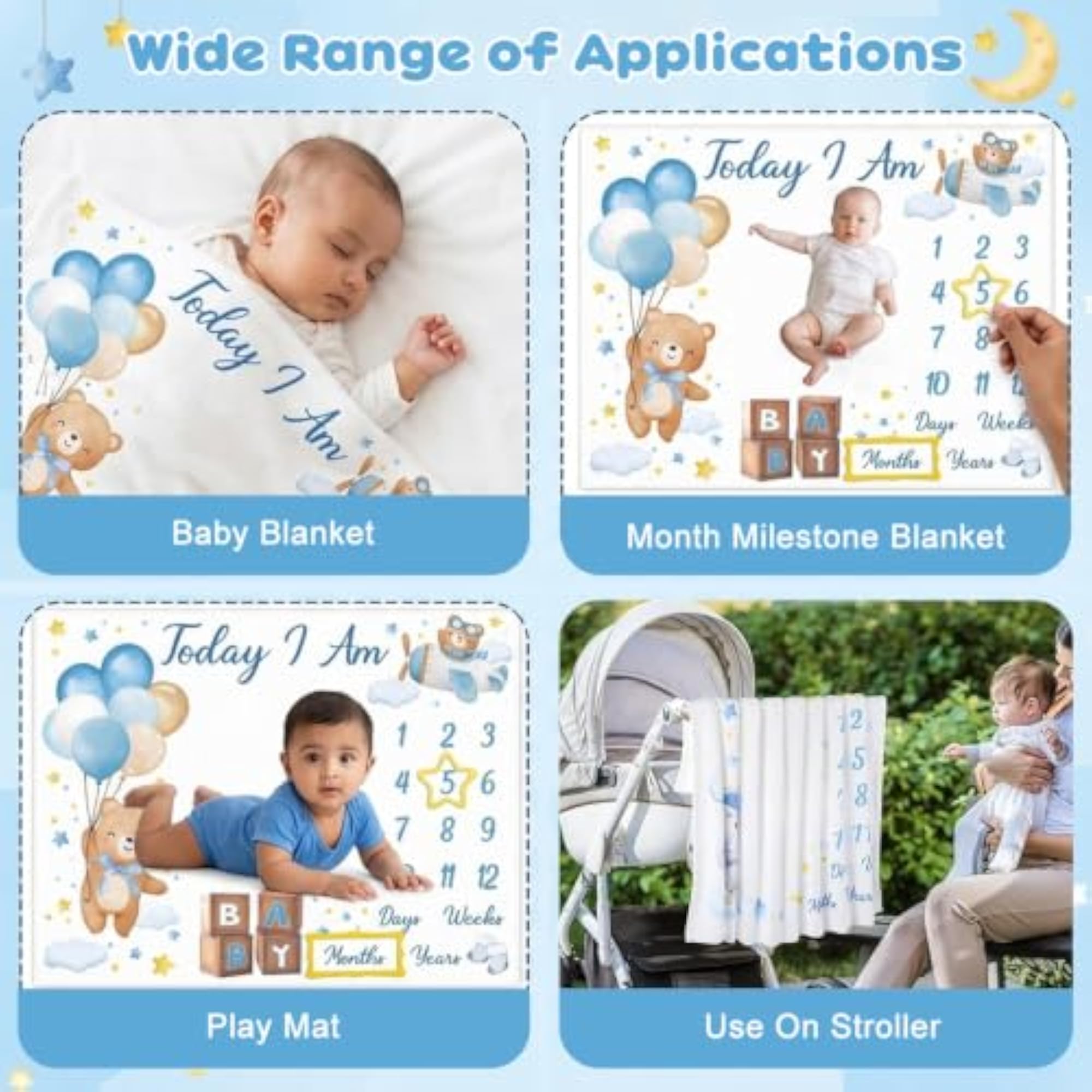 Baby Milestone Blanket with 1-12 Month Markers, Bear Design
