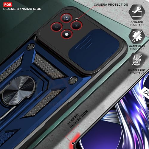 Image of Armor Bumper Back Cover Case for Realme 8i / Narzo 50 4G Rotating Camera Cover, Ring Holder & Kickstand | Heavy Duty & 360 Degree Protection Realme 8i / Narzo 50 4G Back Cover (Blue)