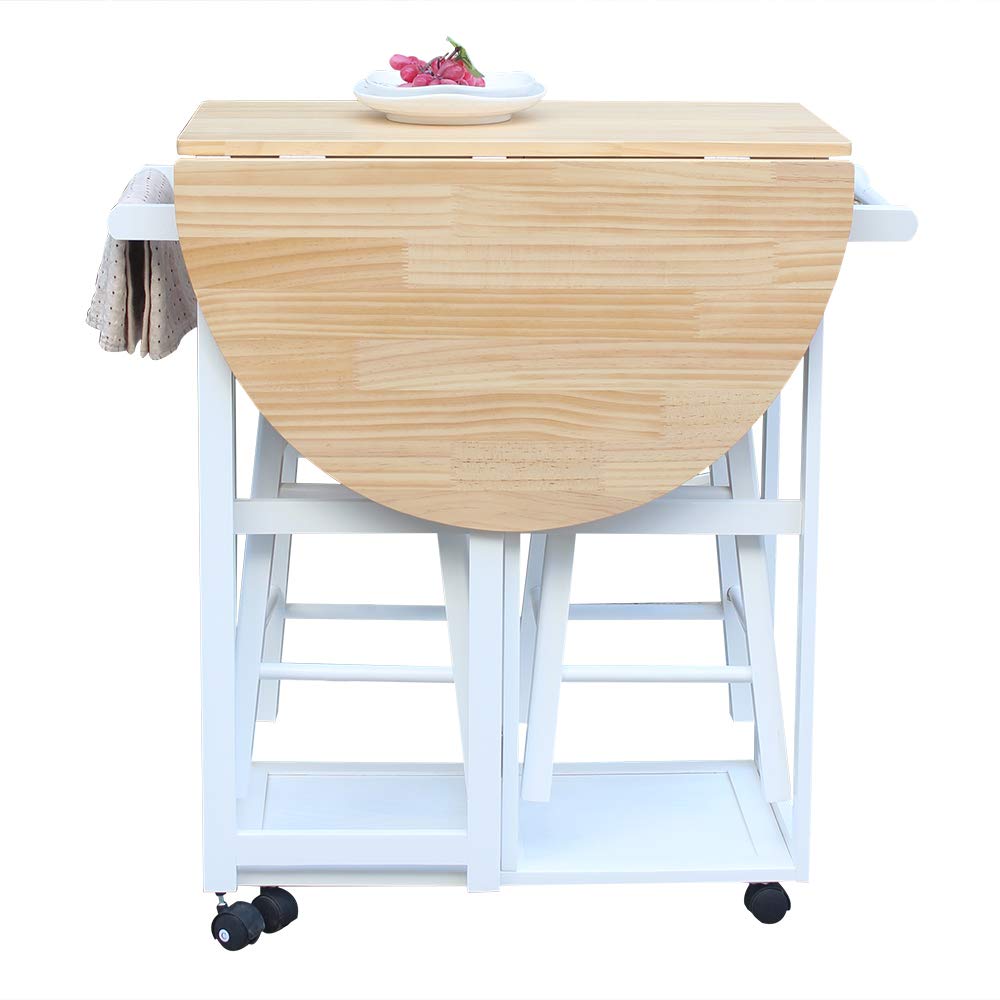 Chariot de Rangement Carro de Comedor Plegable semicírculo de Madera Maciza con 2 taburetes,Carro de Cocina Blanco,Organizador de Cocina Comedor Chariot de Rangement