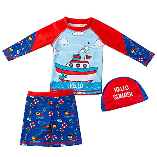 Baby Toddler Boys UPF 50+ Swimsuits Set Two Pieces Long Sleeve Rash Guard Swimwear Bathing Suit with Sun Hat (Red Sailboat, 2-3T)