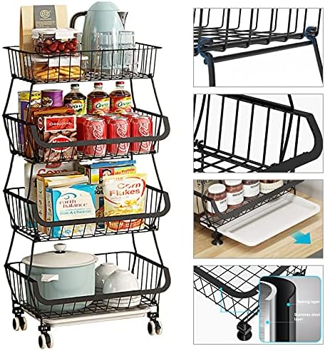 KOLENSA Metal Wire Baskets with Wheels, Stackable Storage Bins Kitchen Organizer Shelf 3-4-5-6 Tier Fruit Vegetable Cart Dishes Seasonal Rack Shelves for Garage, Pantry, Bathroom and Produce holder