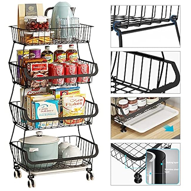 Metal Wire Baskets with Wheels, Stackable Storage Bins Kitchen Organizer Shelf 3-4-5-6 Tier Fruit Vegetable Cart Dishes Seasonal Rack Shelves for Garage, Pantry, Bathroom-tn73bb9u