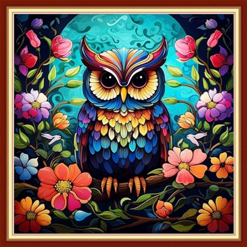 Image of Disxvivy Cross Stitch Stamped Full Embroidery Kits DIY 11CT Cotton Thread Printed DIY Needlepoint Kits Craft Needlework Set Cross-Stitch Stamped Sets-Colorful Owl 18x18 inch