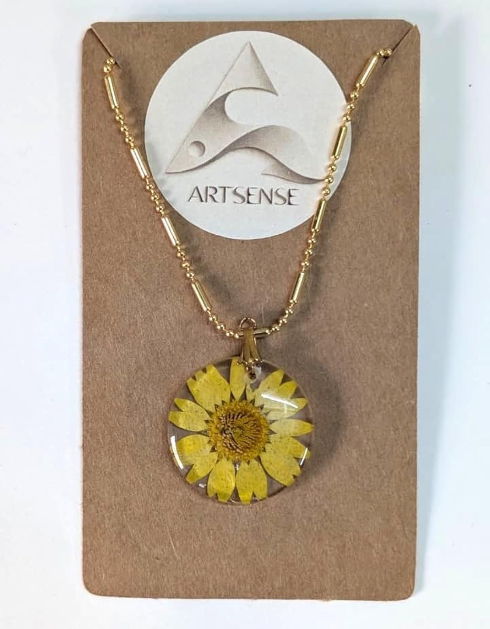 Real Dried Yellow Flower Resin Pendant Necklace, Nature Inspired