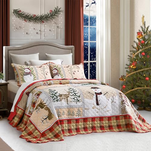 Image of Christmas Oversized Bedspread King Size, Snowman Pattern Bedding Quilt, Lodge Plaid Patchwork Coverlet, Lightweight & Soft Microfiber, 3 Piece Set