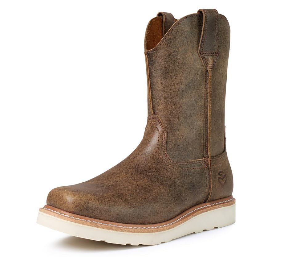 SUREWAY Western Boots - Men’s Square Toe Work Boot,Pull On Leather Wellington Boots,Durable Classic Slip Resistant Soft Toe Cowboy Boot