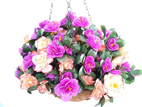 Indoors and Outdoors Silk Flowers Chain Hanging Basket Flowerpot Fake Flower DIY Artificial Flowers Azalea Champagne and Purple (Big Basket)
