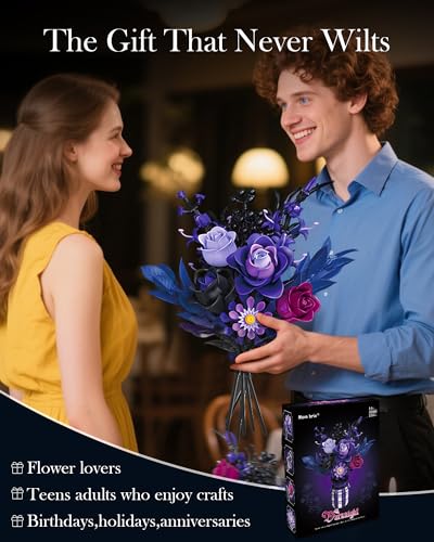 Image of Purple Flowers Building Set with Vase for Adults, Gothic Black Roses Floral Bouquet, Compatible with Lego Botanical Collection, Cool Home Office Decor Mother's Gift for Her, Women, Girls, 14+