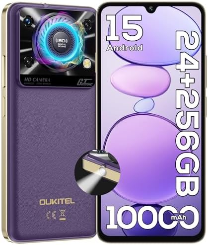 C60 PRO Android 15 Cell Phone Unlocked 2025-24GB+256GB/TF 1TB, 10000mAh Battery, 6.88'' Display Smartphone,110dB Speaker,120LM Flashlight, 13MP Camera, 4G Dual SIM Phones, GPS/NFC/OTG,Purple