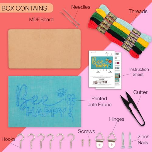 Image of picknMAKE Diy Embroidery Keychain Holder Kit - Stitch Bee Happy Design On Stiff Fabric,Assemble On Mdf Panel,Create A Personalized Wall-Mounted Key Organizer With Hooks,Hinges & Complete Tools,Blue
