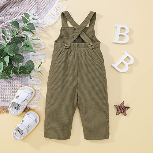 Aeemcem Toddler Baby Boys Girls Overalls Solid Color Waffle Knit Suspender Pants Strap Jumpsuit Romper Fall Winter Outfit (Army Green, 2-3 Years) #TOP2