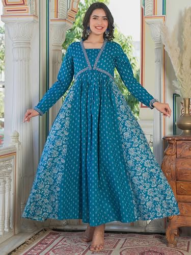 Image of Vbuyz Women's Floral Print Anarkali Cotton Aqua Blue Stitched Kurta | Anarkali Kurti for Women | Kurta for Women