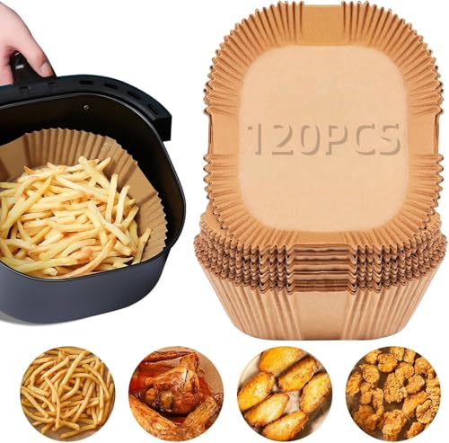 Papel Freidora Aire, Air Fryer, Papel Freidora Aire Cuadrado, 120 Piezas 20-24cm Food-Grade BPA free Papel Pergamino Desechable, Papel Horno de Aceite Antiadherente para 4.5-8L Freidora de Aire