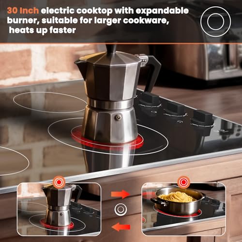 Image of Noxton 30 Inch Electric Cooktop, 4 Burner Ceramic Cooktop with Glass Protection Metal Frame & Knob Control, Built-in Radiant Stove Top, Dual Ring Expandable Burner, 240V Hardwired for Seniors