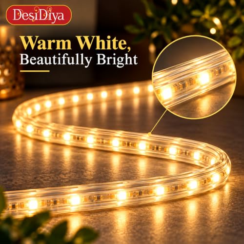 Image of Desidiya 20 Meter LED Rope Light Warm White for Diwali Decoration | Flexible PVC Pipe Light for Balcony, Window, Ceiling Cove & Mandir | Plug-in Decorative Lights for Home, Wedding & Party Decor