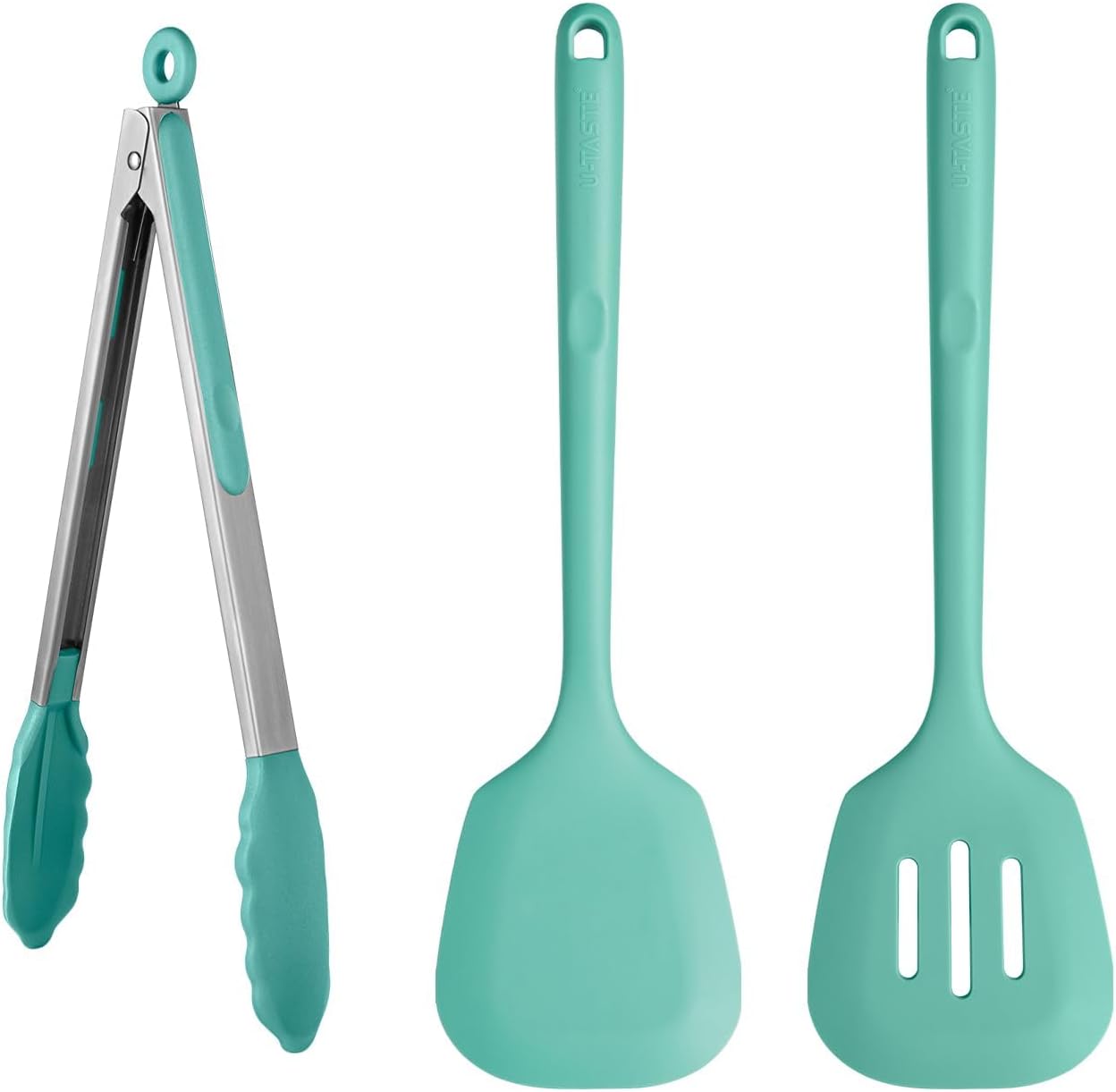 U-Taste 600℉ Heat Resistant BPA Free Non Stick Firm Cooking Tongs (12in), and 600℉ Heat Proof Long & Wide Silicone Solid & Slotted Turner for Egg, Pancake (Set of 2), Aqua Sky