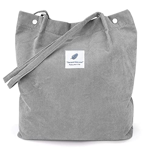 LHMTQVK Tote Women Girls, Large Capacity Corduroy Reusable Grocery Shoulder Bag with Inner Pockets, Grey