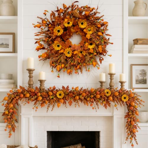 24 Inch Fall Wreath for Front Door, Artificial Autumn Harvest Door Wreath - image 7