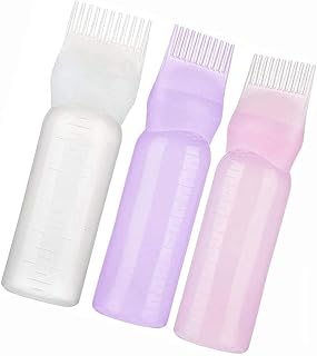 POFET Set of 3 Applicator Bottles, Hair Oil Applicator, Hair Comb with Root Comb and Graduated Scale (White/Purple/Pink)