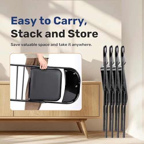Image of Simple Deluxe Dining Chairs Set of 4, Leather Cushion Foldable Modern Kitchen Side Chair with Padded Back& Metal Legs, Upholstered Dinner Seat Gift for Home /Living Room /Bedroom /Restaurant, Black