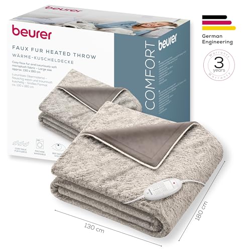 Beurer HD 75 Nordic Heizdecke, kuschelige Wärmedecke in Kunstfelloptik, mit 6 Temperaturstufen, maschinenwaschbar bei 30 °C, Heizdecke mit Abschaltautomatik, beige / braun, 180 x 130 cm