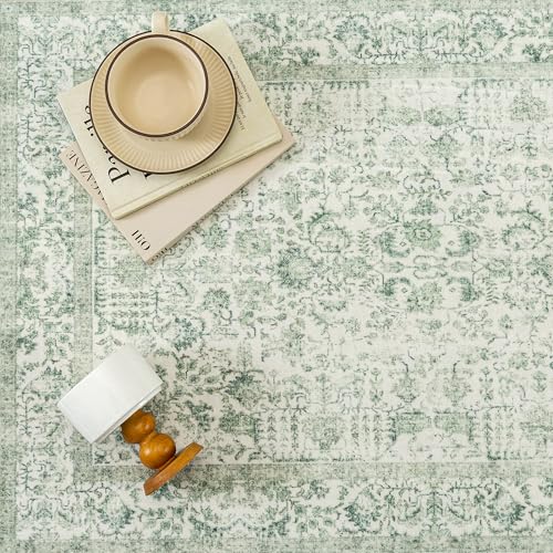 Runner Rug 2x8 Sage Green Hallway Washable Vintage Distressed Kitchen Carpet Non Slip Neutral Low Pile Retro Floral Farmhouse Long Throw Rug Entryway Bathroom Office Laundry Dining Room
