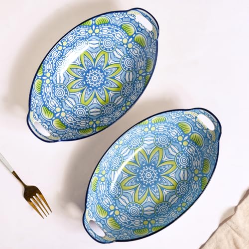 Image of Nestasia Set of 2 Blue and Green Mandala Art Ceramic Long Dish with Handles for Serving Snacks, Appetizers, Salads, and Noodles | Microwave Safe, Dishwasher Safe (10.8 Inch)