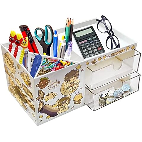 FunBlast Desk Storage Box - Table Pen Holder, Pen Holder for Table stylish, Pen holder for office, Desktop organizer, Stationery Organizer Box with DIY Stickers (White) Cover