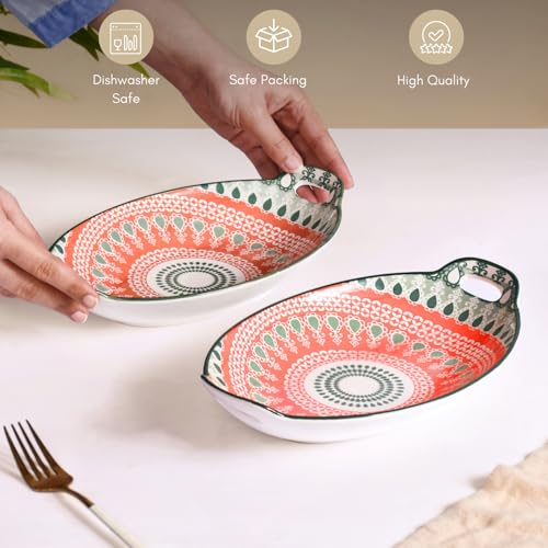 Image of Nestasia Set of 2 Mandala Ceramic Long Dish with Handles (10.8 Inch Each) - Elegant Oval Serving Platters for Snacks, Appetizers, Salads, and Noodles | Microwave & Dishwasher Safe (Red & Green)