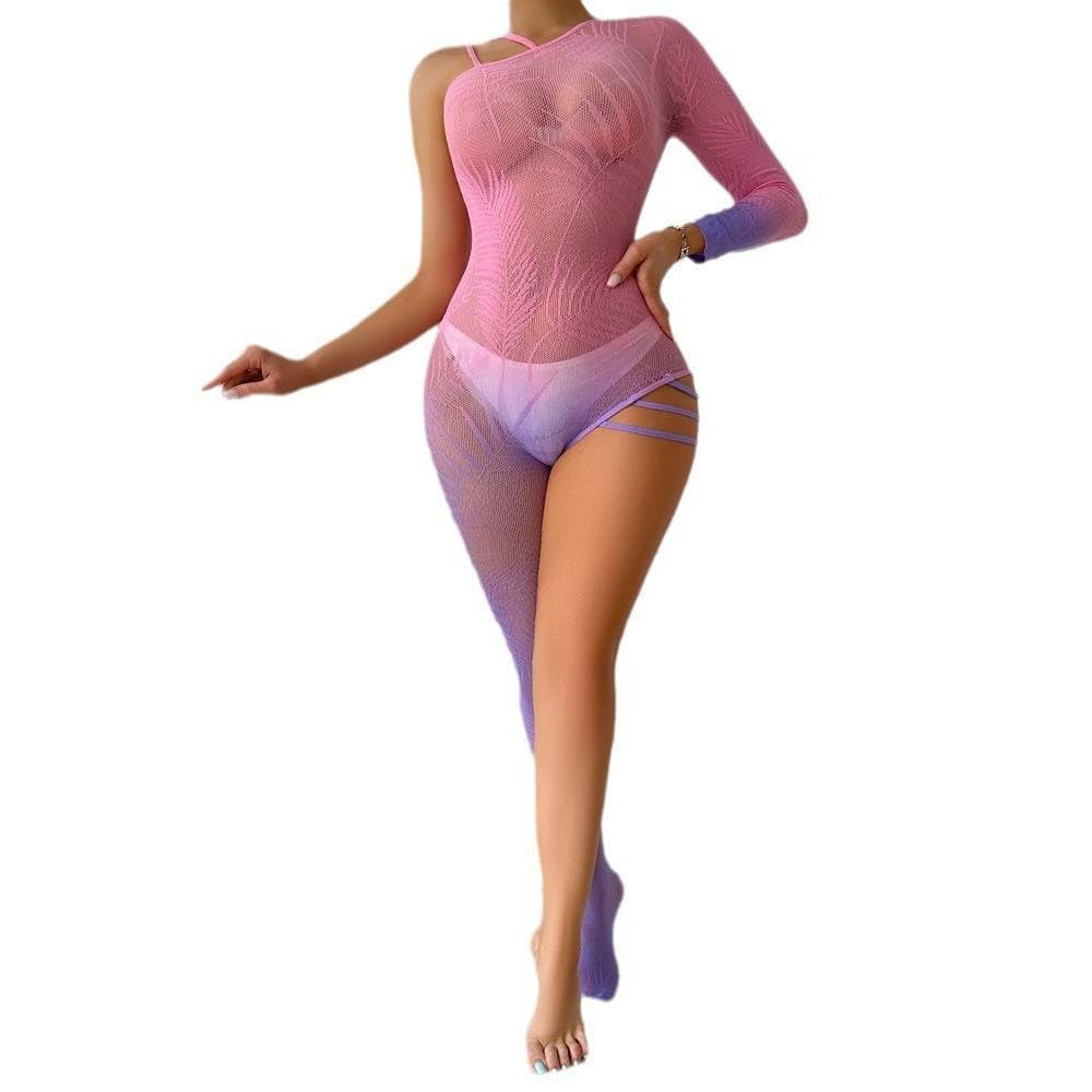 caitlin Women's One-Shoulder Mesh Bodysuit, Pink to Purple Ombre, Long Sleeve Design Bodysuit Lingerie Sexy Nightwear-picture-15