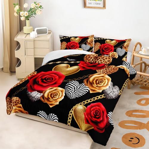 Image of AILONEN Red and Gold Rose Comforter Set Queen,Leopard Print Black and White Hearts Comforter,3Pcs Women Girls Soft Bedding Set,Romantic Couple Comforter with 2 Pillowcases