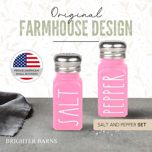 Image of Pink Salt and Pepper Shakers Set by Brighter Barns - Modern Kitchen Decor and Accessories - Cute Glass Shakers - Vintage Decor for Home, Restaurants, Housewarming Gifts & Stainless Steel Lids (Pink)