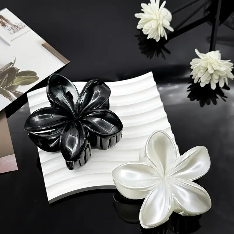 2Pcs Elegant Acrylic Floral Hair Claw Set, Large Flower-Shaped Hair Clips, Solid Color, Minimalist Hair Accessories for Teens and Adults (Black & White)