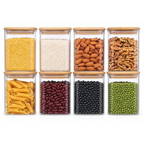 Image of Airtight Square Glass Storage Jar with Bamboo Lid, 950ml Multipurpose Kitchen Container for Coffee, Tea, Sugar, Masala, Spices & Dry Fruits | Modern Transparent Pantry Organizer (Pack of 8)