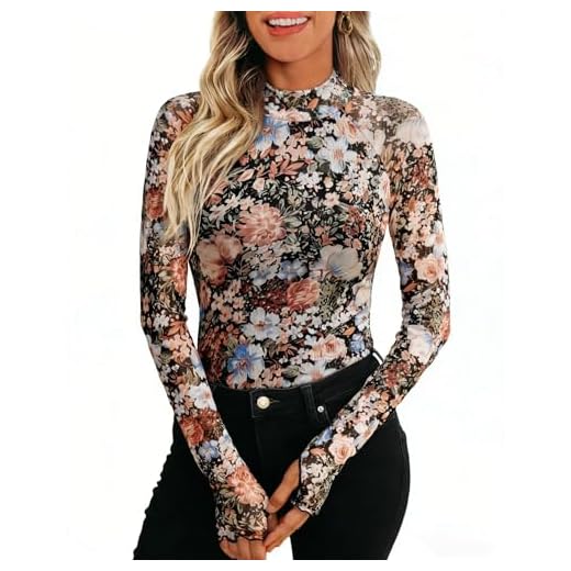 Nivarela Damen Oberteil aus transparentem Mesh mit Stehkragen und Blumenmuster; sexy Slim Fit Longsleeve für Party, Clubwear, Streetwear, Date Looks und Y2K Schwarzer Blumendruck M