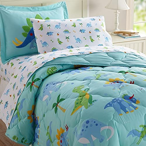 Wildkin Kids 5 Pc Twin Bed in A Bag for Boys and Girls, Microfiber Bedding Set Includes Comforter, Flat Sheet, Fitted Sheet, One Pillow Case and One Sham (Dinosaur Land)